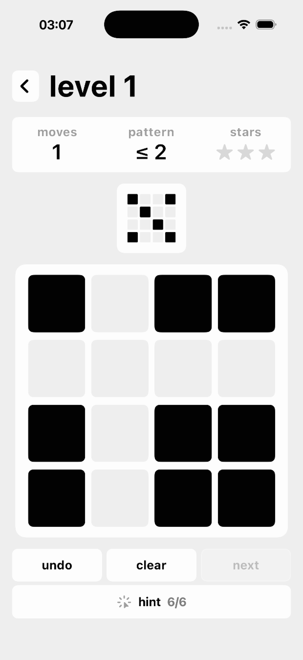A 4 by 4 puzzle in progress showing moves, par and stars