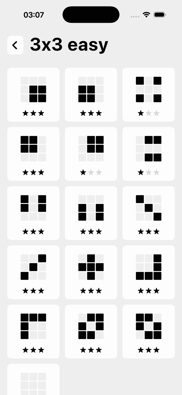 Level grid for the 3 by 3 group, each tile showing its pattern and stars earned