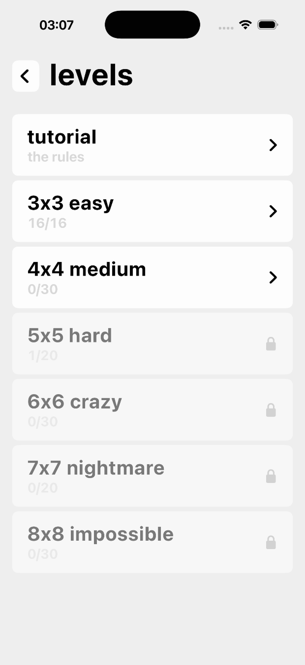 Difficulty groups from 3x3 easy to 8x8 impossible