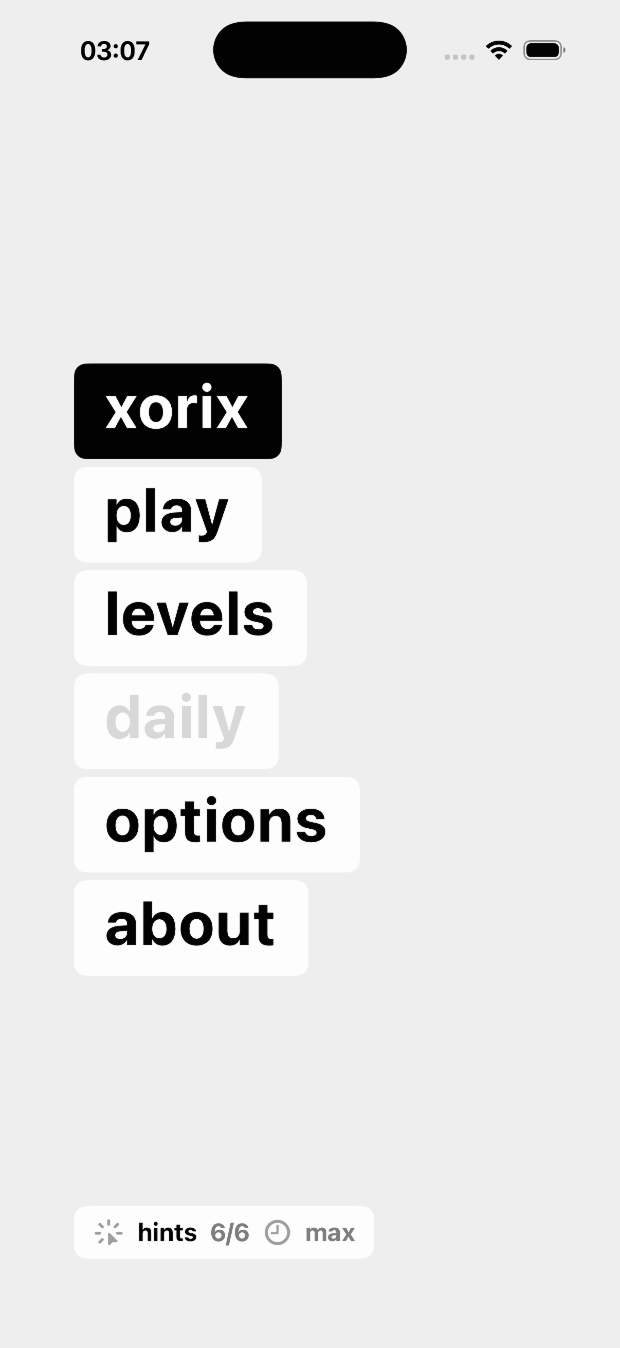 XORIX main menu: play, levels, daily, options, about